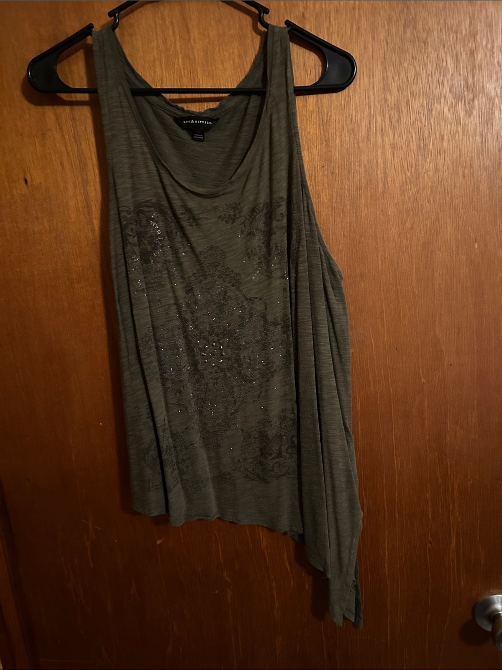Rock & Republic Olive Green Sleeveless Asymmetric Tank with Sparkle Detail